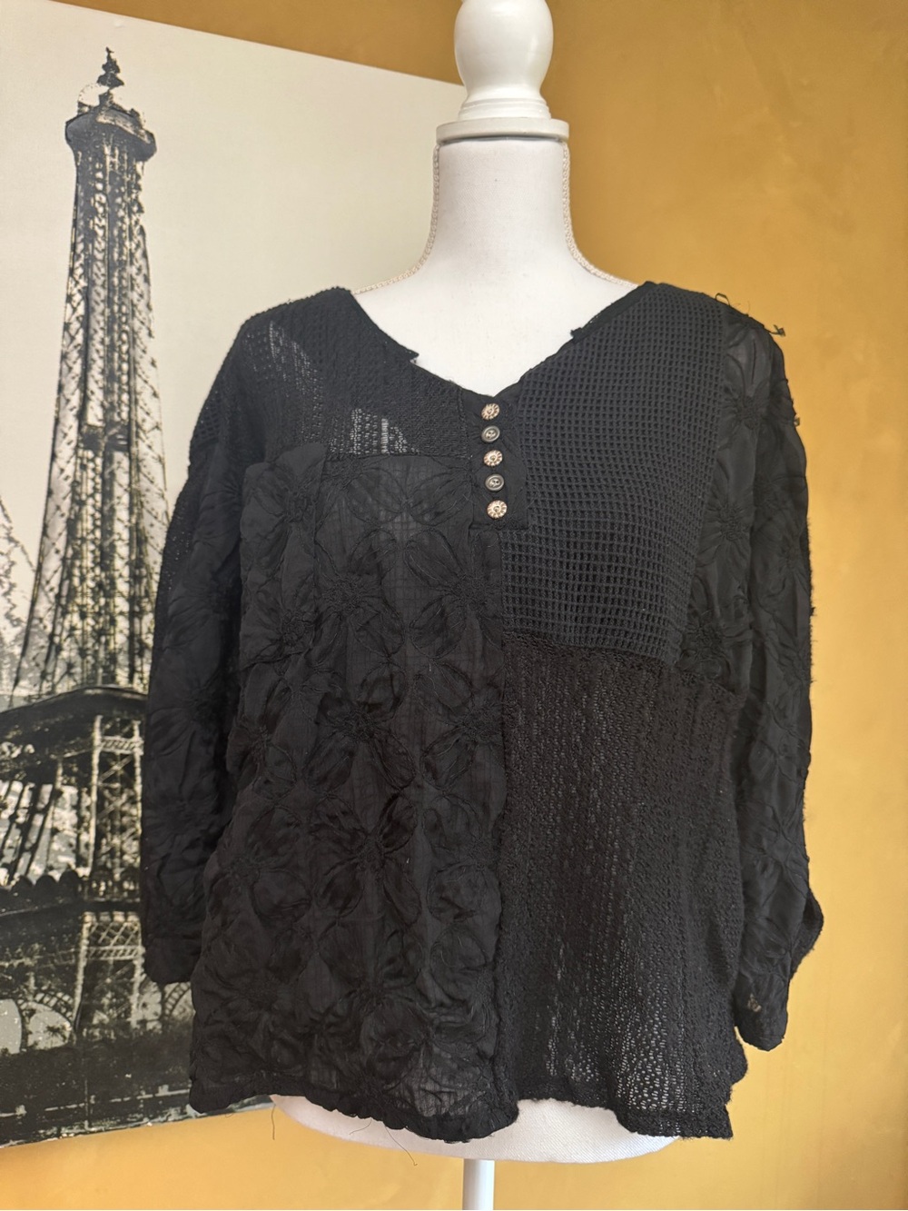 POL Black Patchwork V-Neck Mixed-Texture Tunic